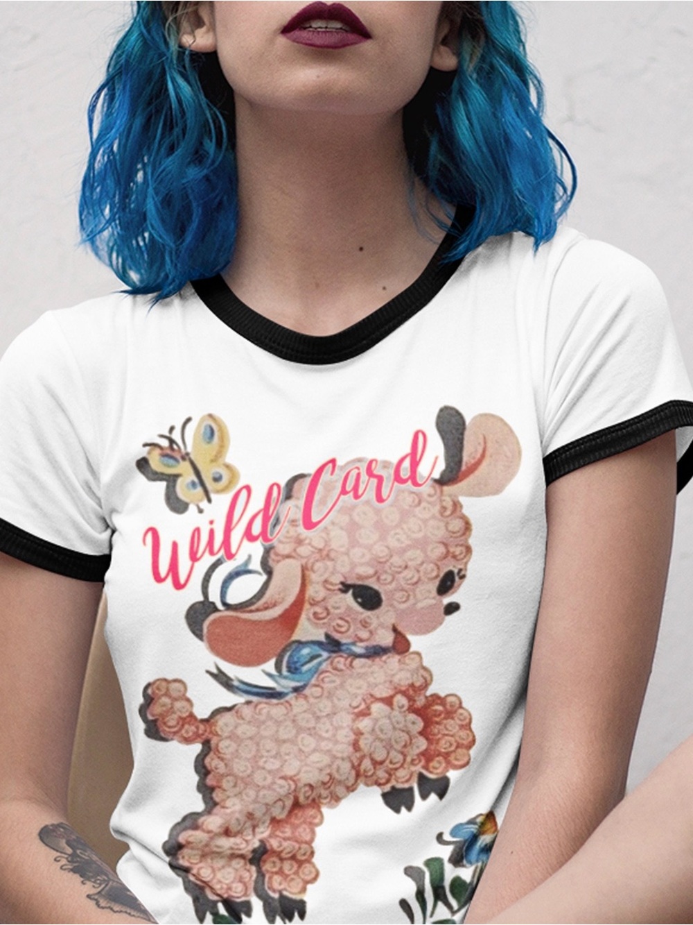 Retro ringer tee. Wild card cotton unisex t-shirt. Cute vintage pink lamb.